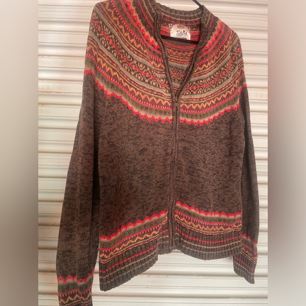 VTG Tiara International Full Zip Cardigan Sweater Jacket Fair Isle Pink Green SM